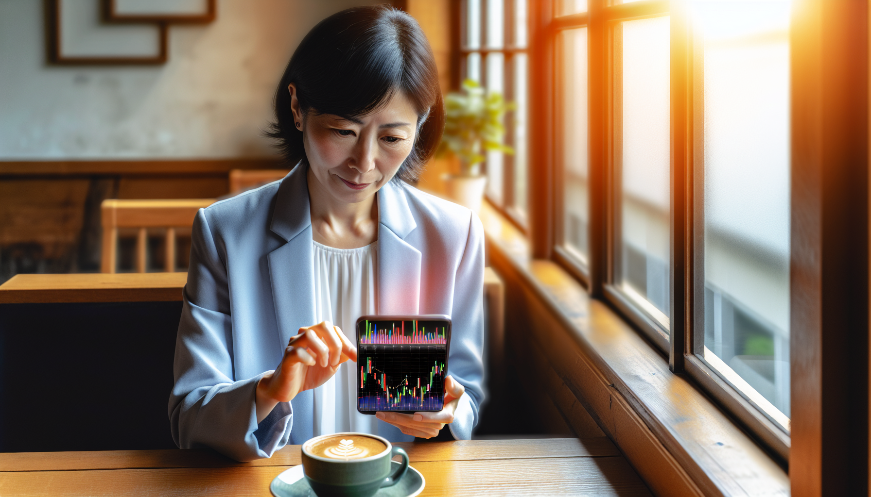 カフェでスマートフォンでNISA投資ポートフォリオを確認する30代の日本人プロフェッショナル