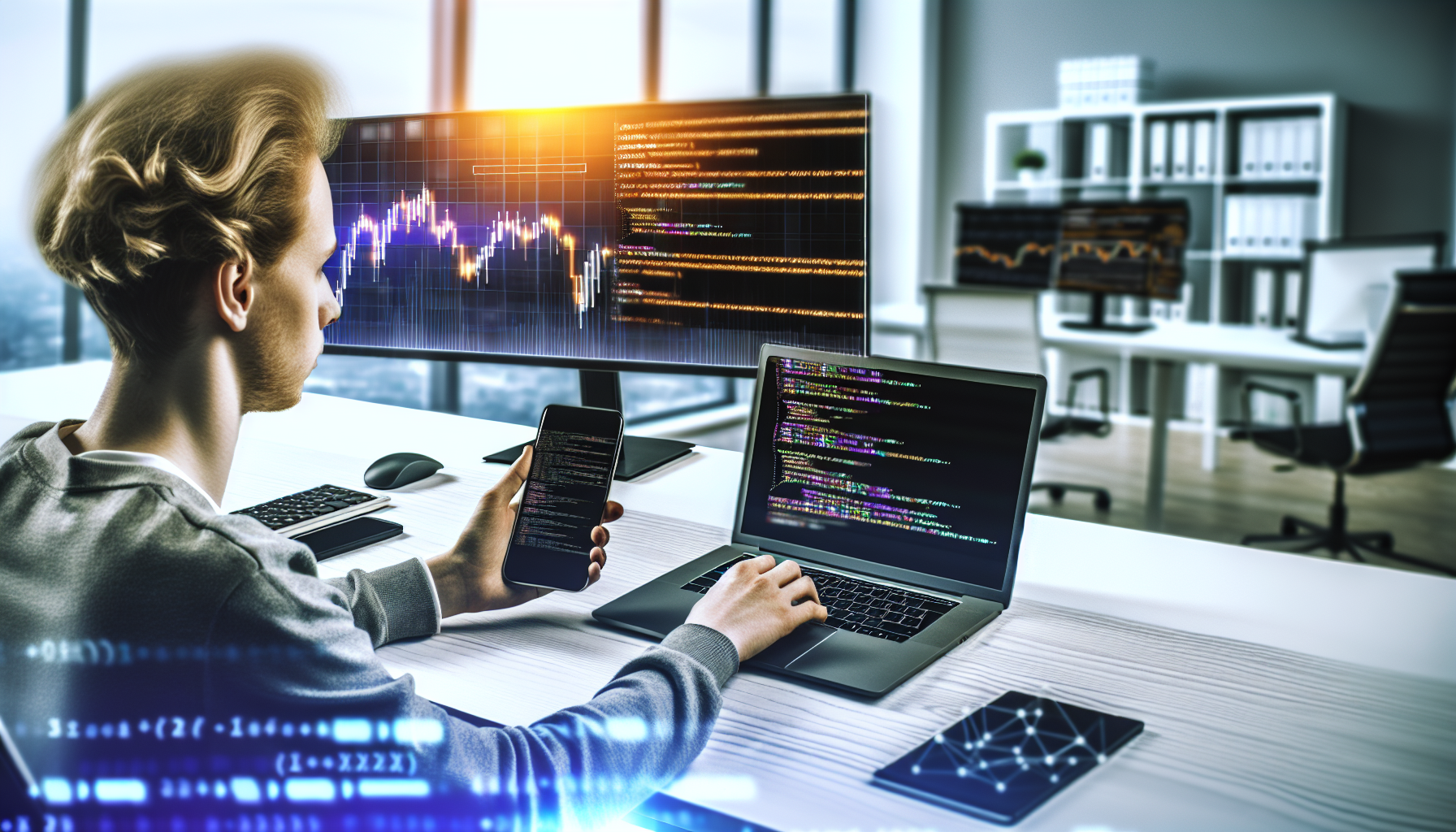 株式トレーディングのワークスペースで複数のモニターを使用する若手プロフェッショナル