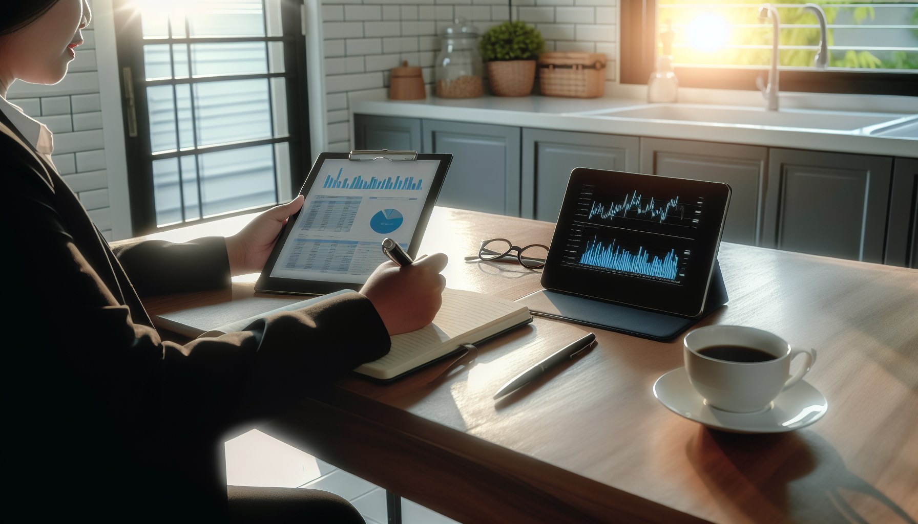 朝のキッチンテーブルで投資ダッシュボードを確認するビジネスパーソン