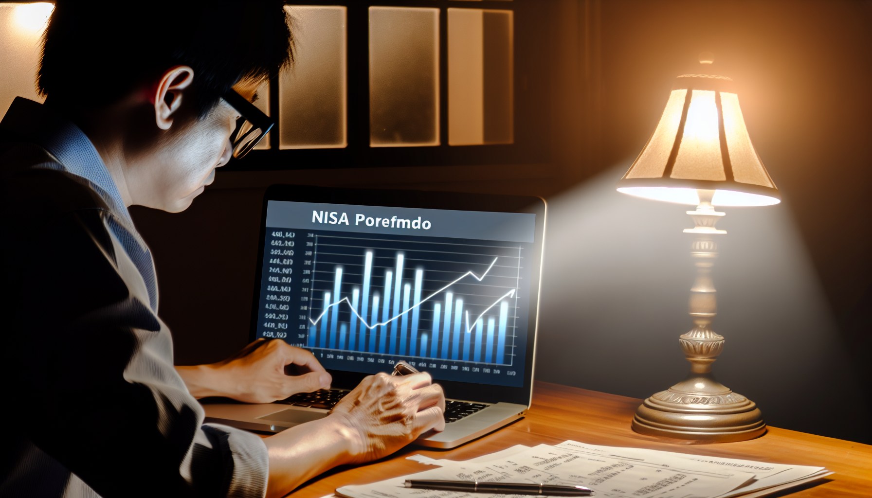 夜の書斎でNISAポートフォリオを確認する投資家