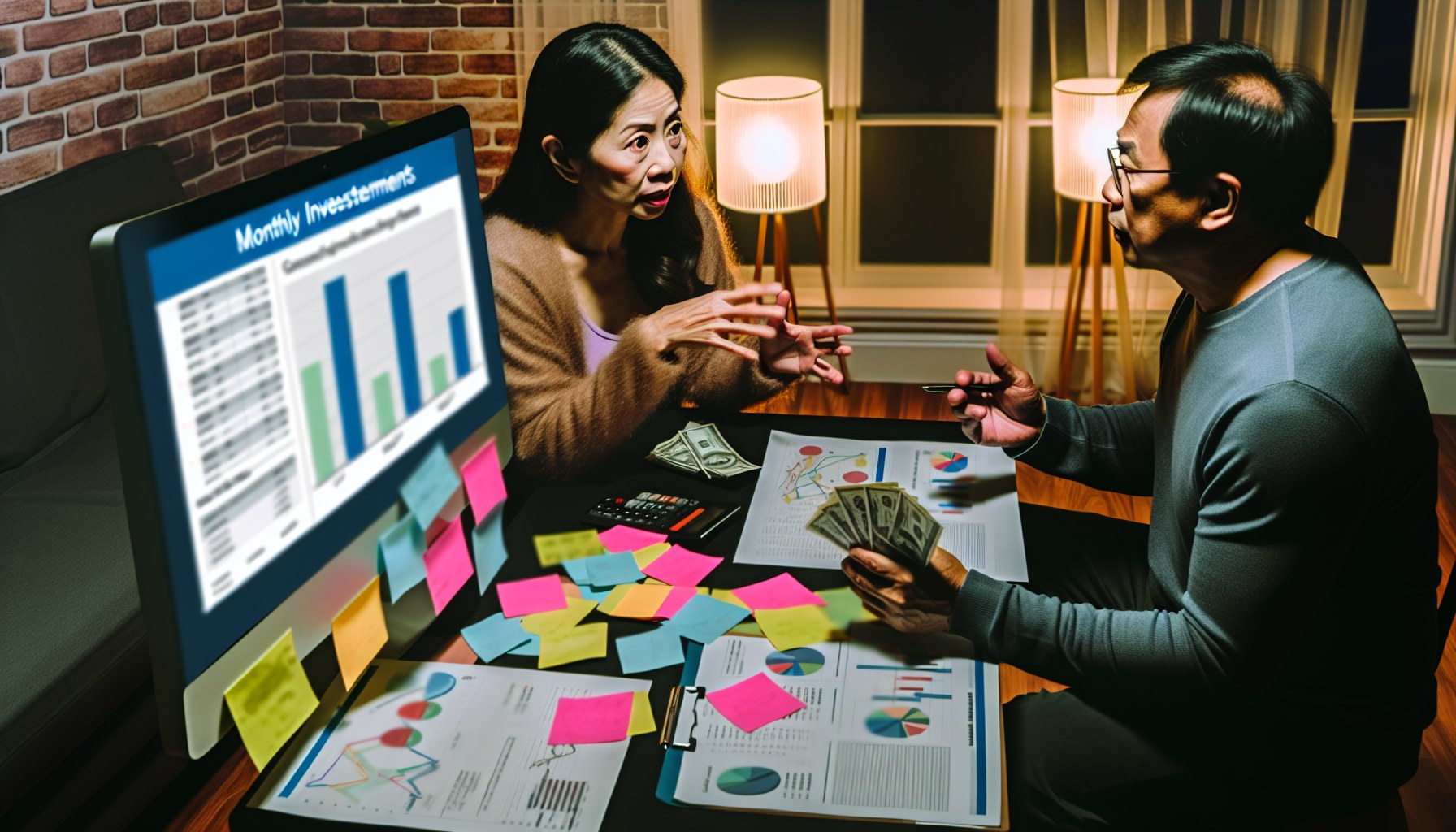 投資ダッシュボードを大画面で確認しメモを取る夫婦