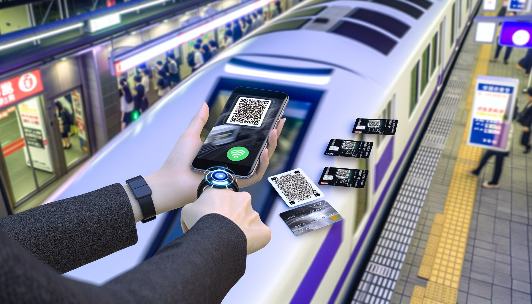 通勤前に複数のキャッシュレスカードとスマートフォンを確認するビジネスパーソン